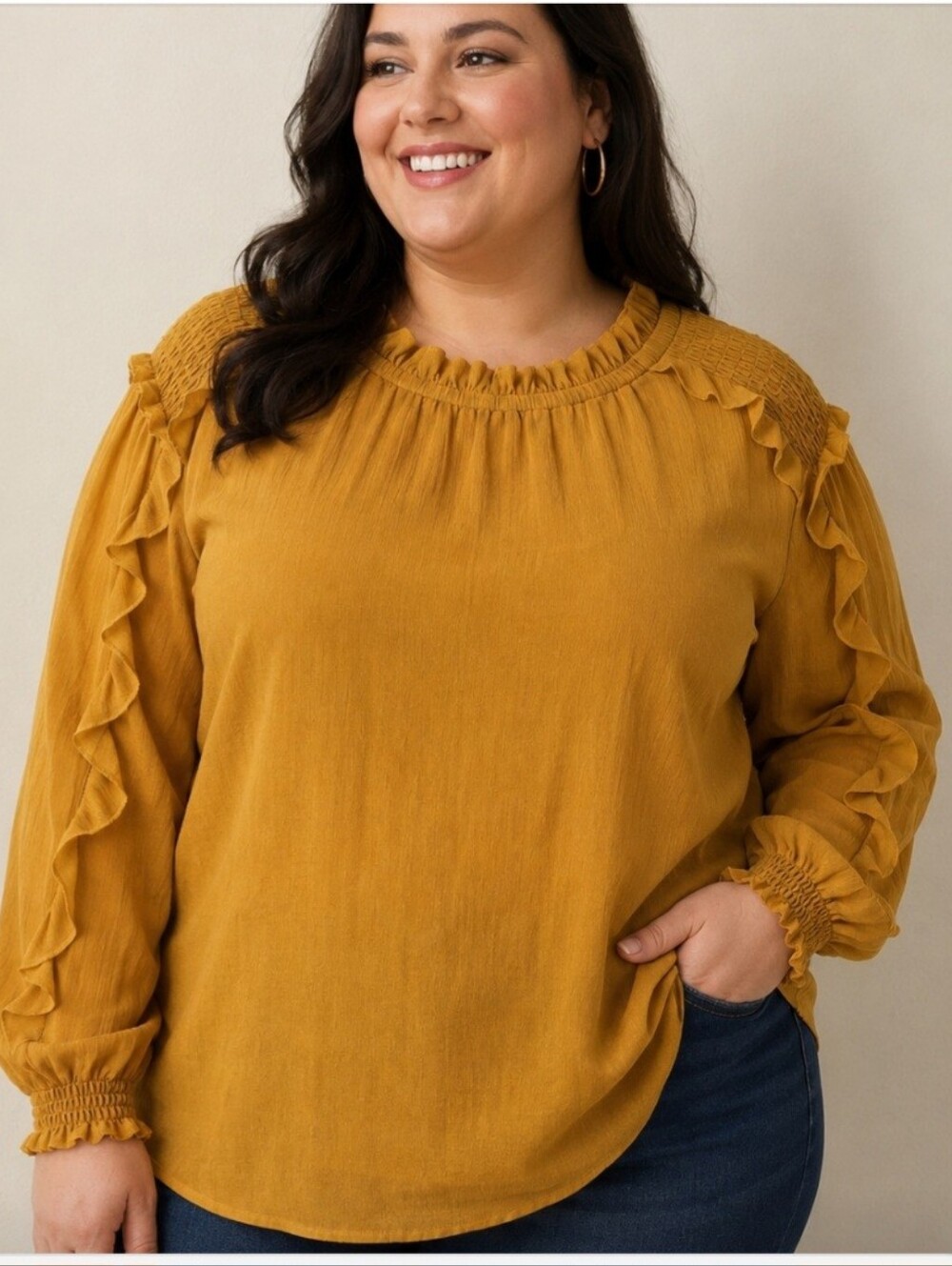 CATO Mustard Color Ruffle-Sleeve Women's XL Blouse/top